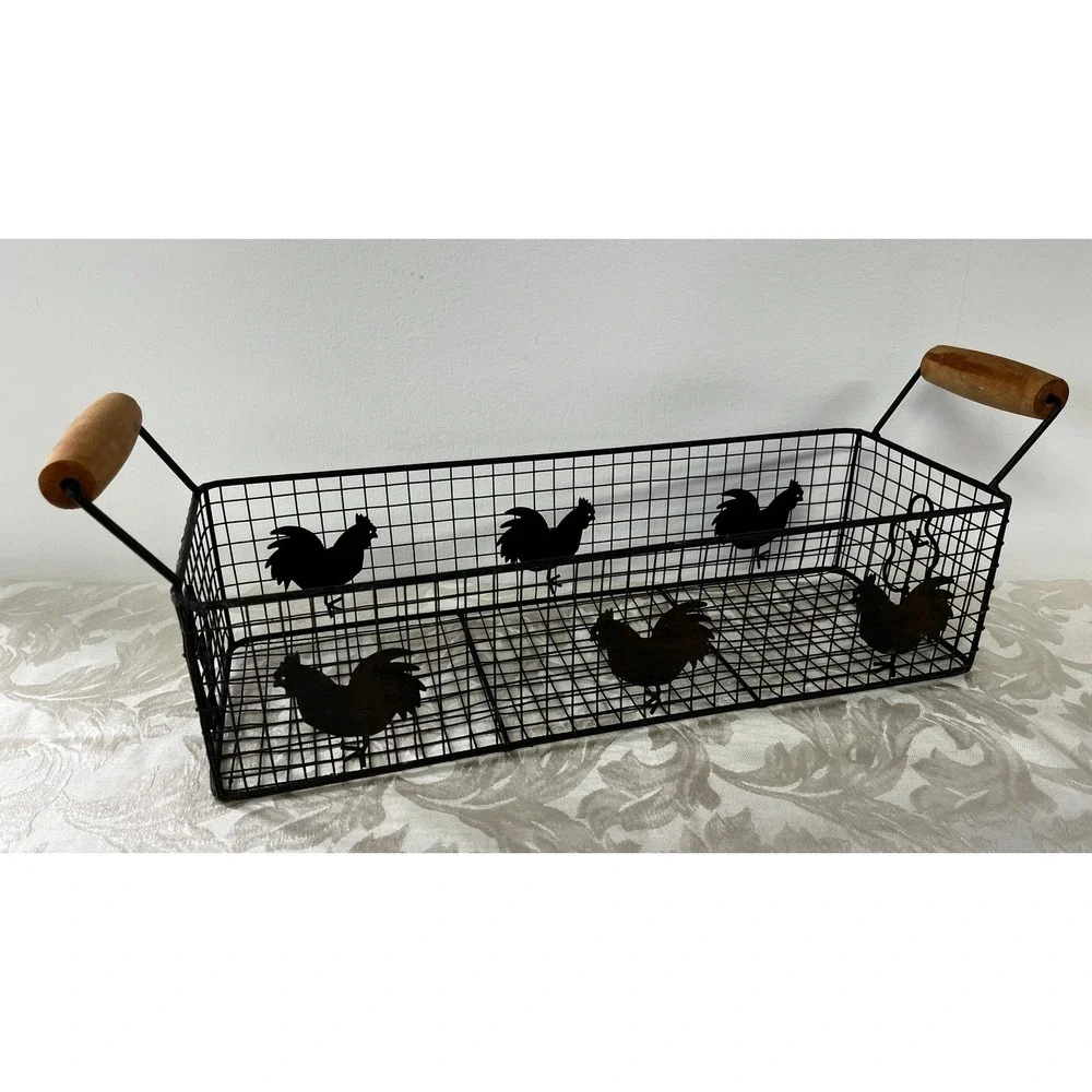 Rectangular Wire Rooster Basket Farmhouse Metal Storage Wood Handles 19x5.5 in
